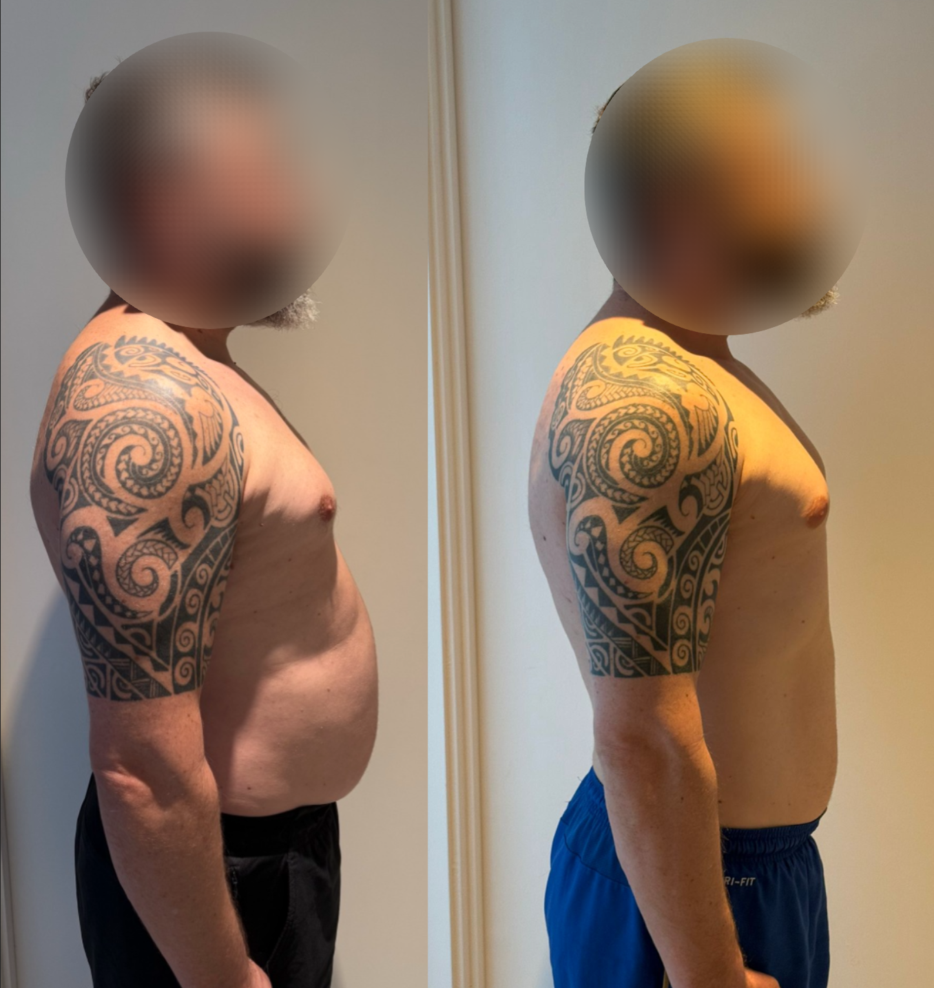 Male client side-view transformation showing waistline and posture progress with Gerald Fitness