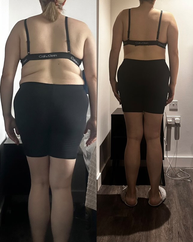 Female client back-view transformation showing body composition progress with Gerald Fitness
