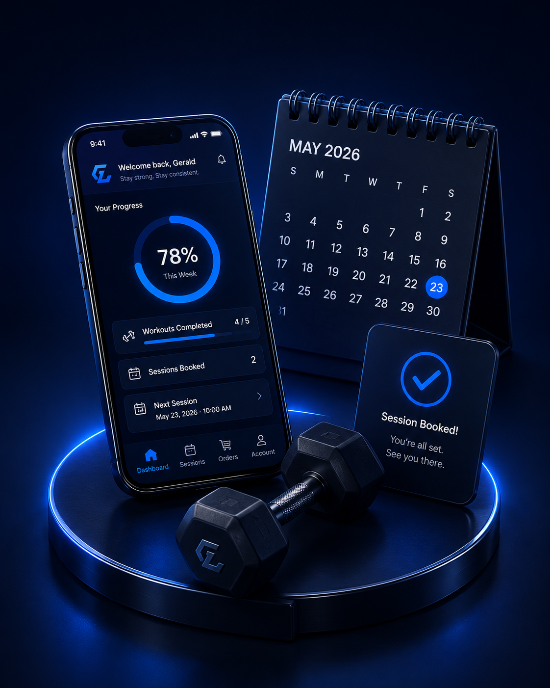 Gerald Fitness client portal dashboard showing bookings, progress and training management